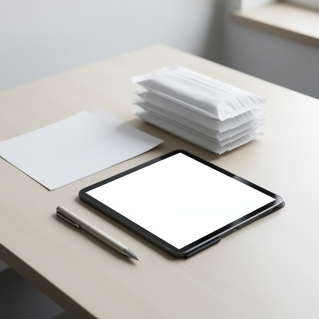 Tablet mit leerem Bildschirm neben einem unbedruckten Blatt Papier, einem Stift und weißen Verpackungen für medizinische Hilfsmittel auf einem Holztisch