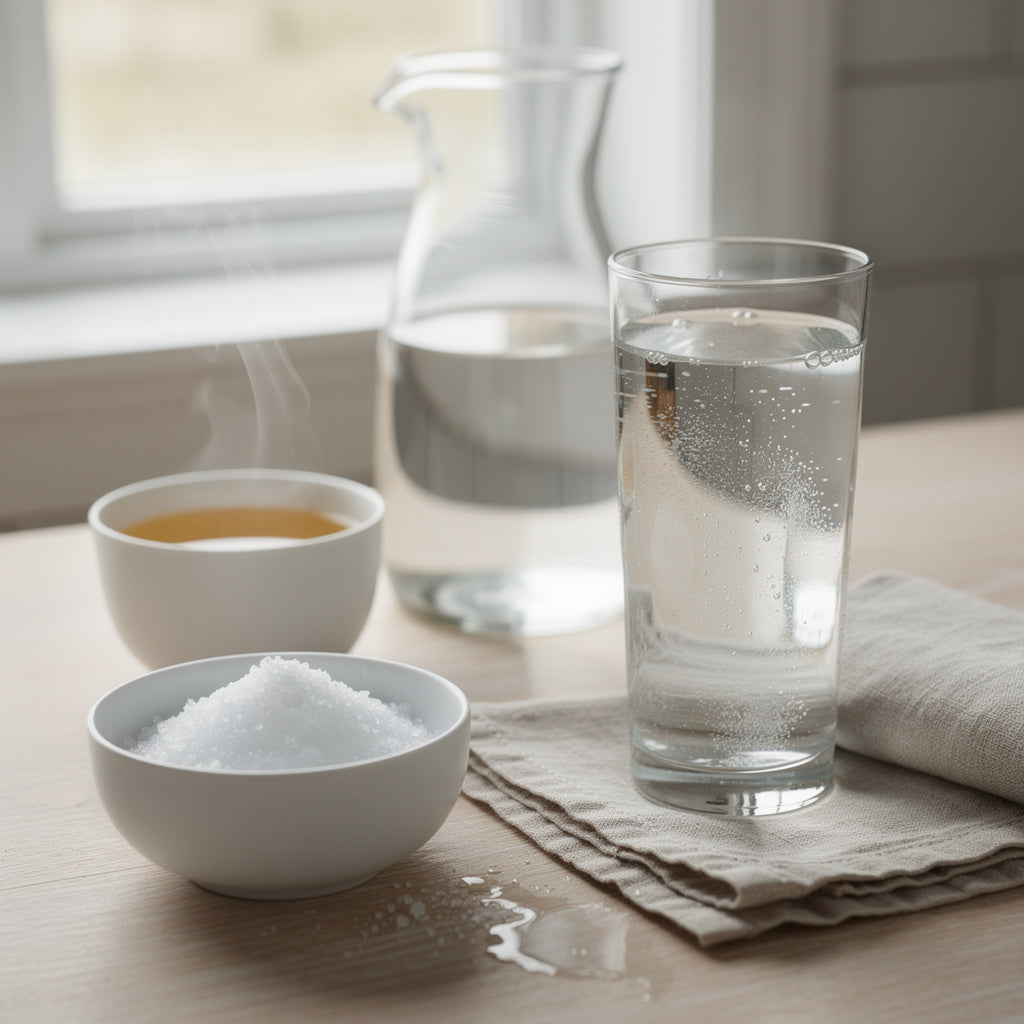 Heller Küchentisch am Fenster: ein hohes Glas Wasser mit Tropfen am Rand auf einer Leinenserviette, dahinter eine Glaskaraffe, links eine weiße Schale mit grobem Salz und eine dampfende Tasse klarer Brühe
