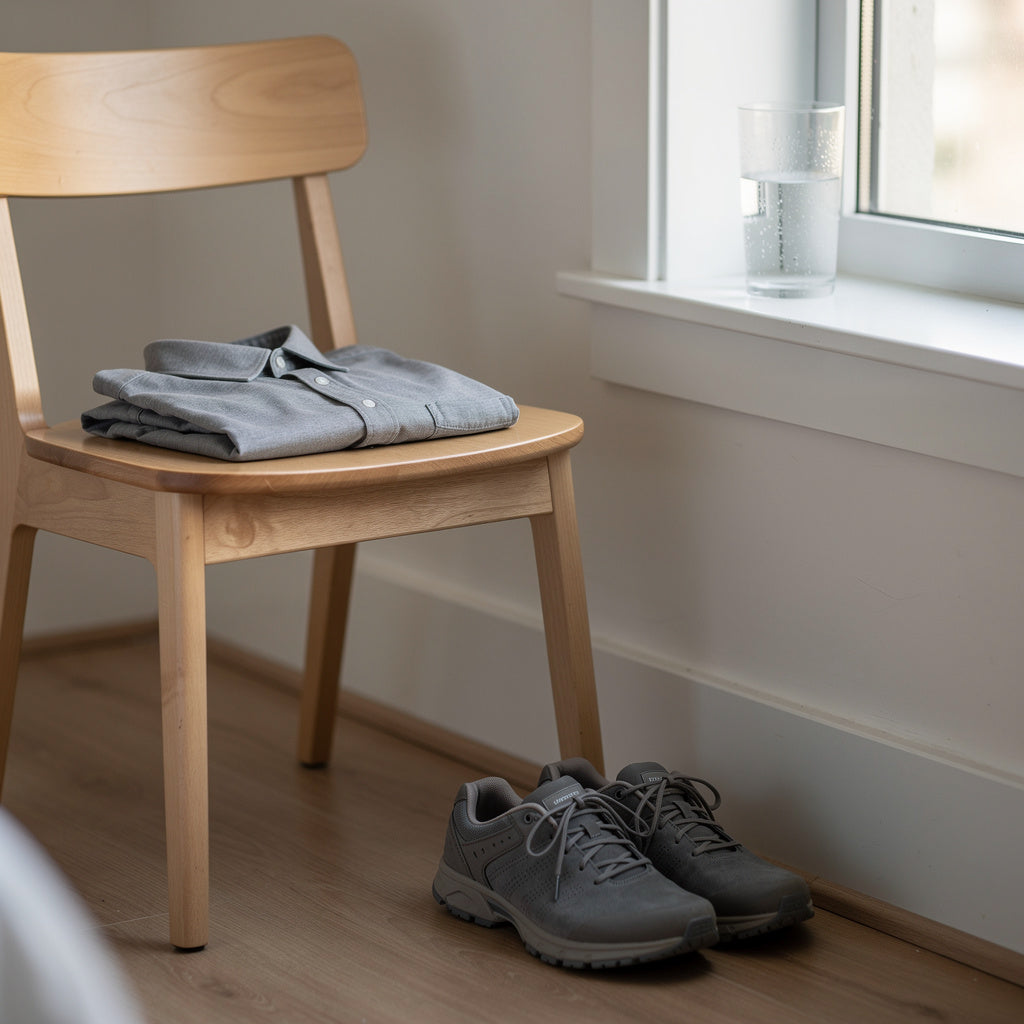 Zusammengelegtes graues Hemd auf einem hellen Holzstuhl in einem Schlafzimmer, auf der Fensterbank ein Glas Wasser, davor ein Paar dunkelgraue Turnschuhe auf dem Holzboden