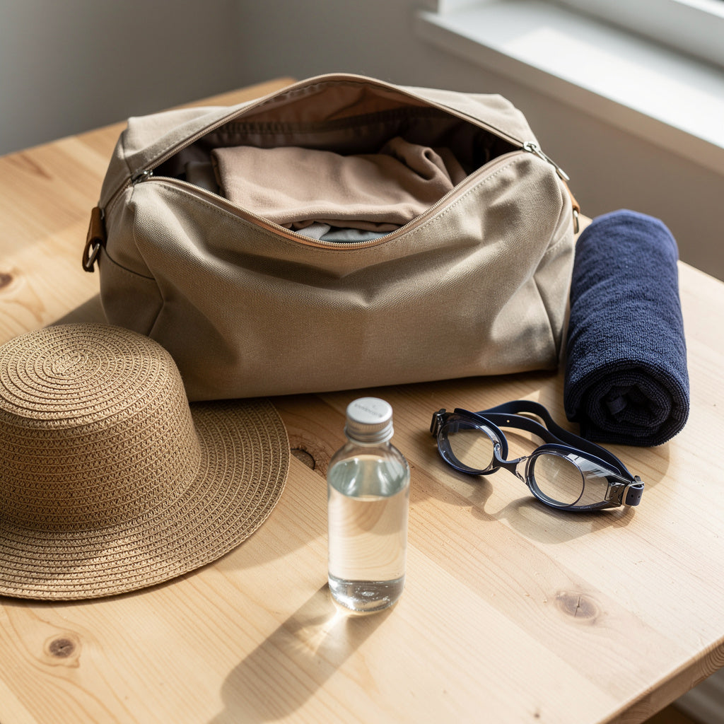 Gepackte Reisetasche aus beigem Segeltuch auf einem hellen Holztisch am Fenster, daneben ein Strohhut, eine kleine Wasserflasche aus Glas, eine dunkelblaue Schwimmbrille und ein zusammengerolltes marineblaues Handtuch